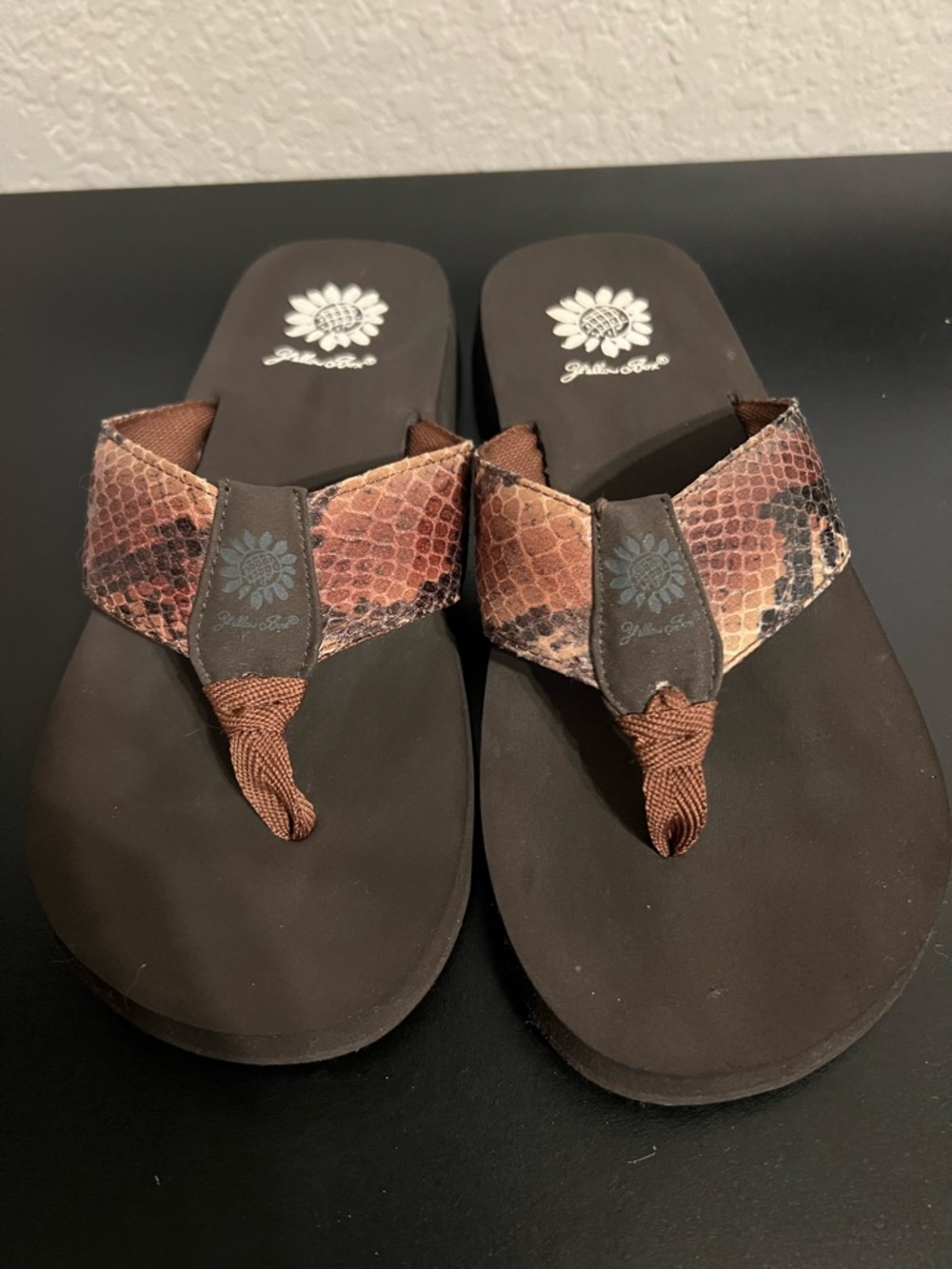 Yellow Box Brown Snake-Print Thong Sandals